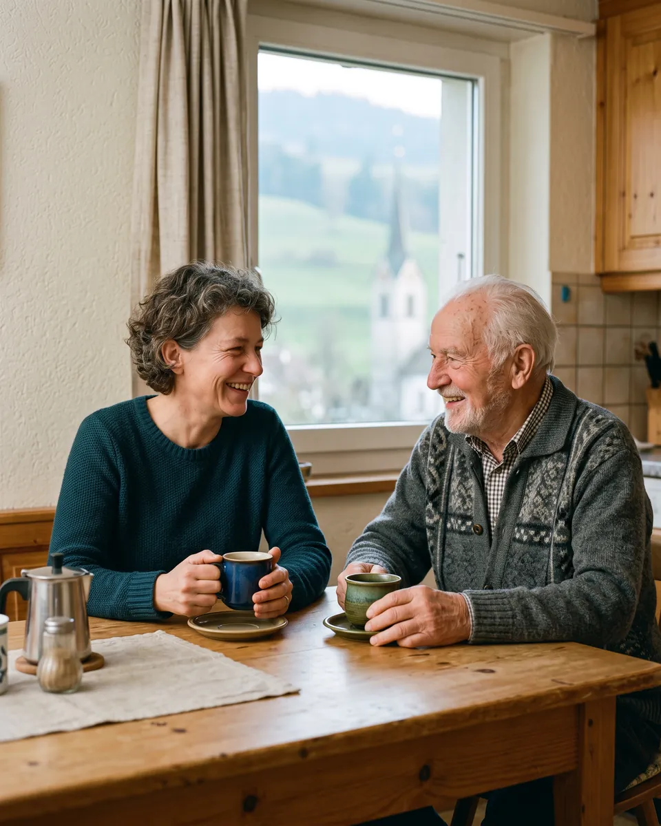 Eine Frau und ein älterer Mann sitzen am Küchentisch, trinken Kaffee und lachen miteinander.