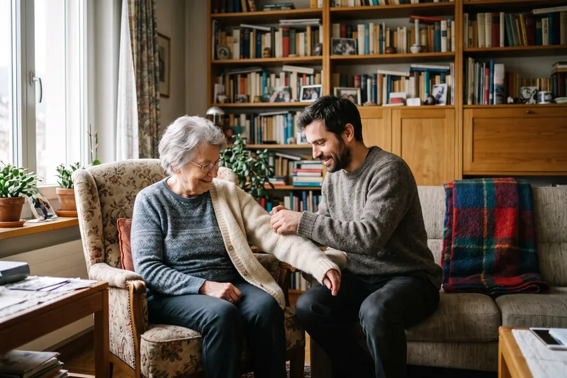 Ein Sohn hilft seiner Mutter im Wohnzimmer in die Strickjacke.